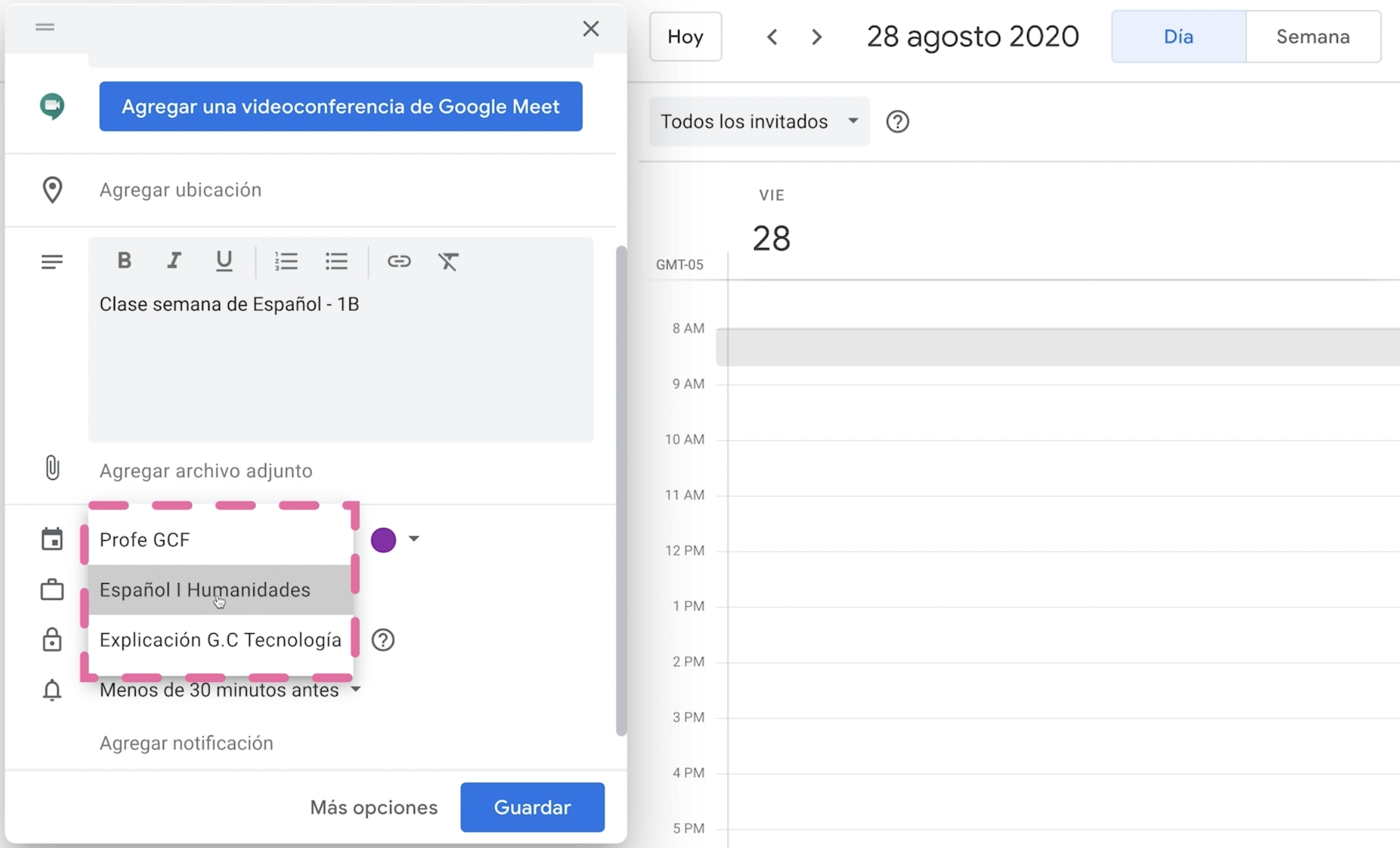 Añadir a calendario y elegir color de identificación de evento o reunión.